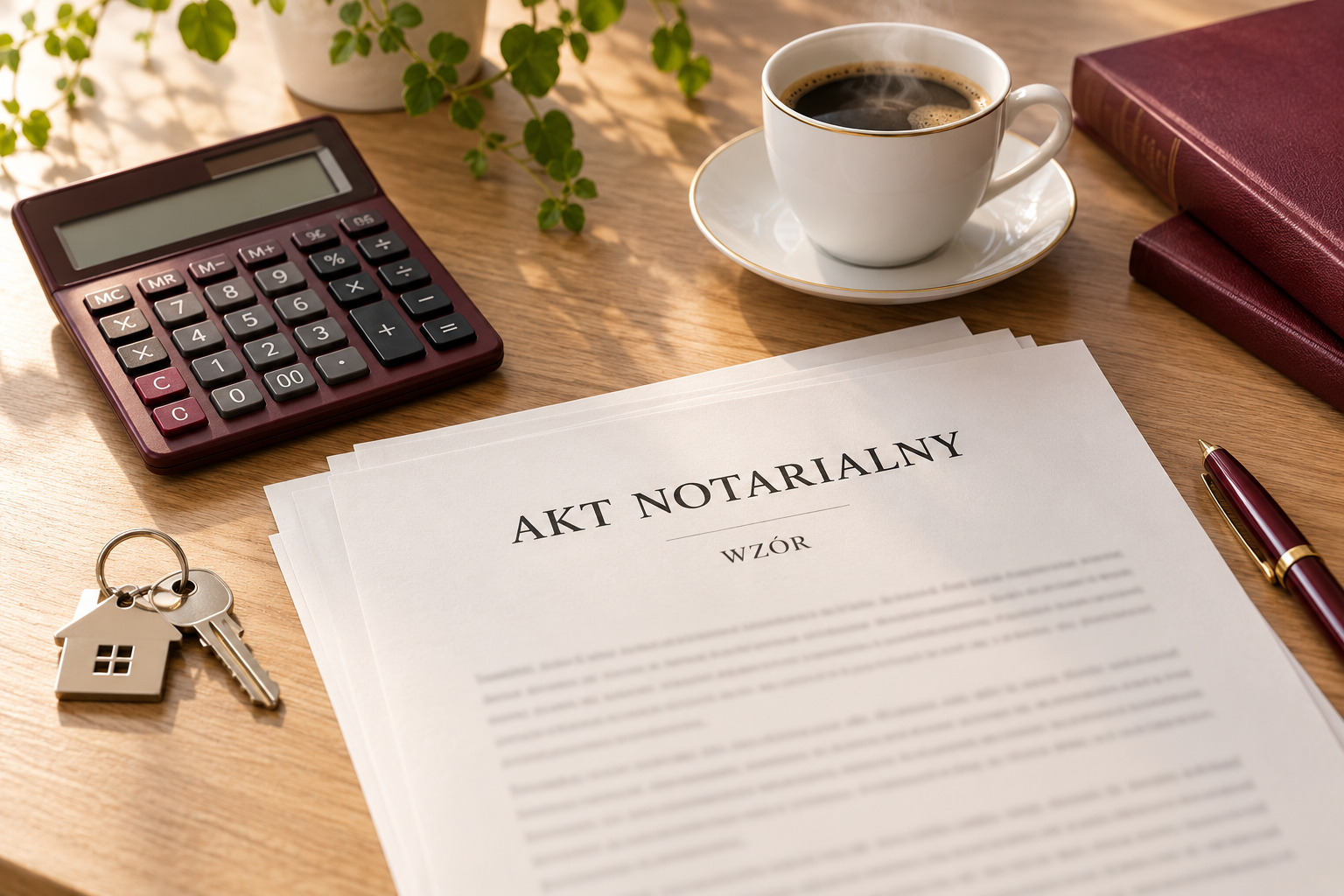 Kalkulator, klucze i filiżanka kawy obok przykładowego aktu notarialnego